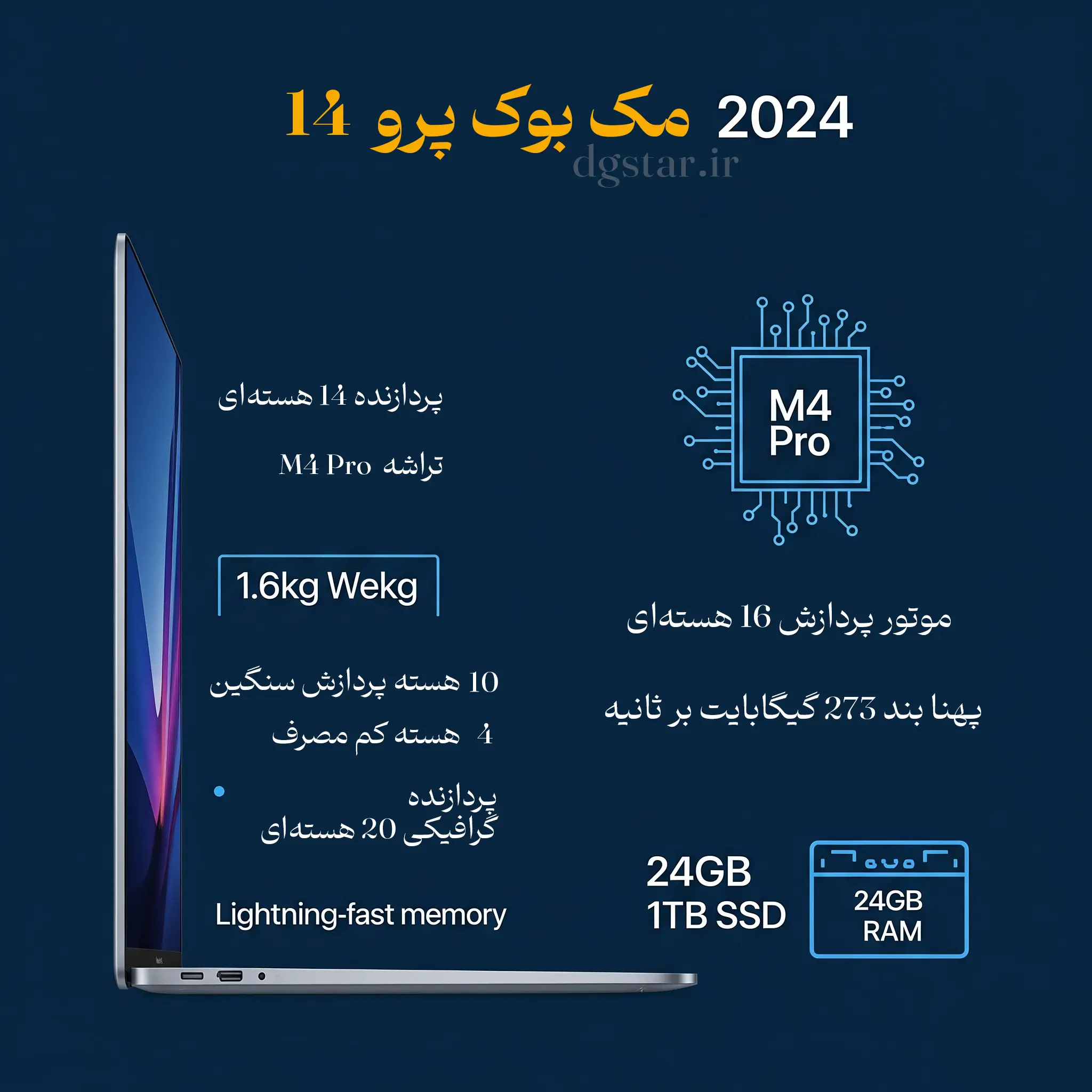 مک بوک پرو 14 اینچی 2024 اپل - M4 Pro 20-core GPU 24GB 1TB